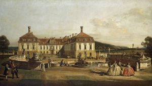 Bernardo Bellotto, gen. Canaletto Das kaiserliche Lustschloß Schloßhof, Ehrenhofseite 1758/1761 Leinwand 138 x 237 cm / Rahmenmaße: 154,5 x 257 x 9,5 cm Bernardo Bellotto, gen. Canaletto Das kaiserliche Lustschloß Schloßhof, Ehrenhofseite 1758/1761 Leinwand 138 x 237 cm / Rahmenmaße: 154,5 x 257 x 9,5 cm